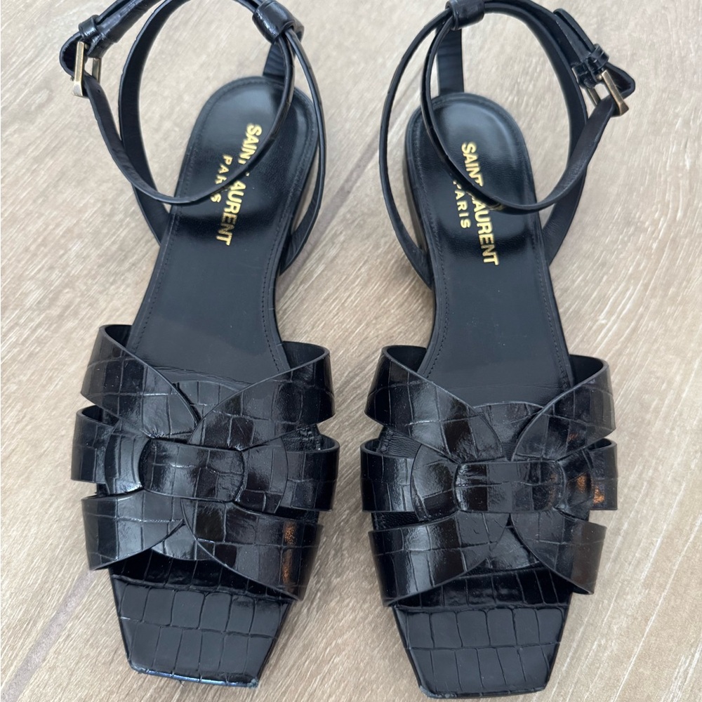 Saint Laurent Tribute Croc Flat Sandals with Ankle Strap